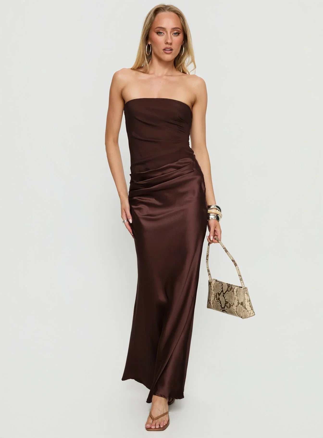 Chocolate Brown Strapless Prom Dress with Ruched Bodice and Satin Skirt for Formal Events and Prom Nights