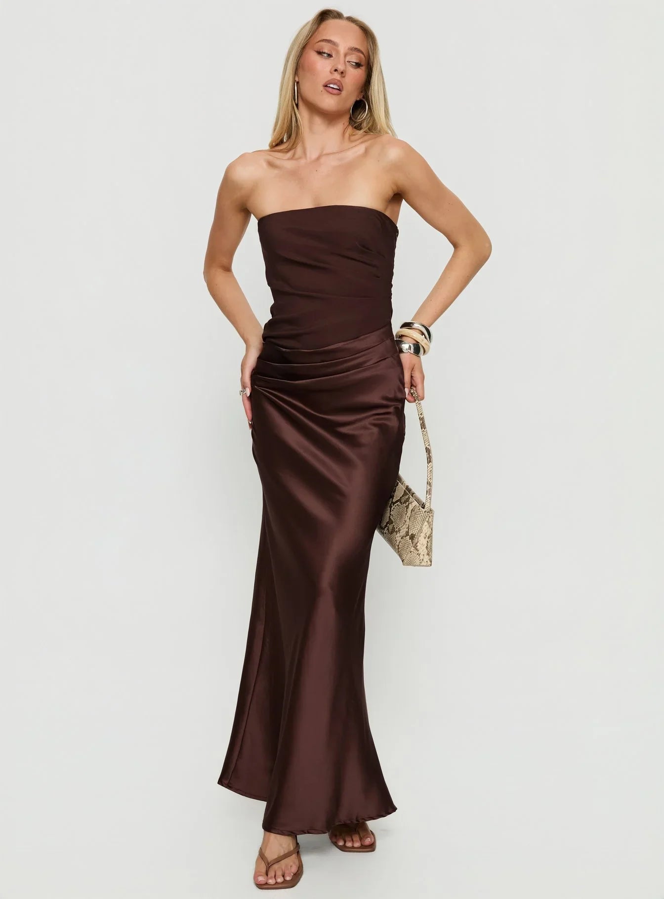 Chocolate Brown Strapless Prom Dress with Ruched Bodice and Satin Skirt for Formal Events and Prom Nights