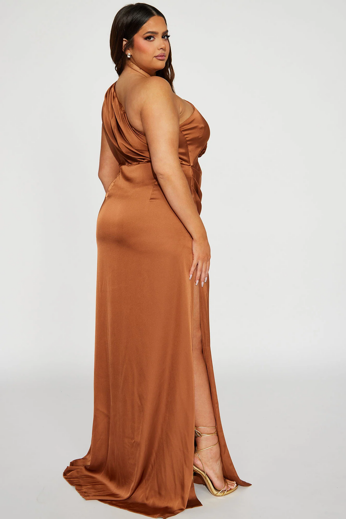 Chocolate One Shoulder Ruched Satin Slit Maxi Evening Dress