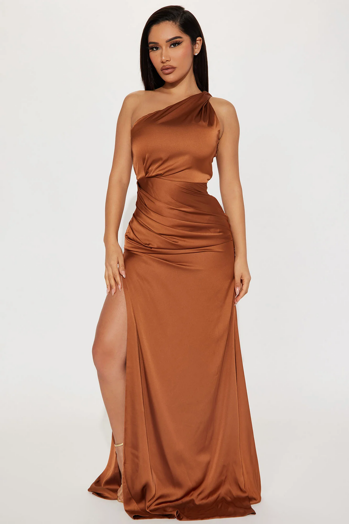 Chocolate One Shoulder Ruched Satin Slit Maxi Evening Dress