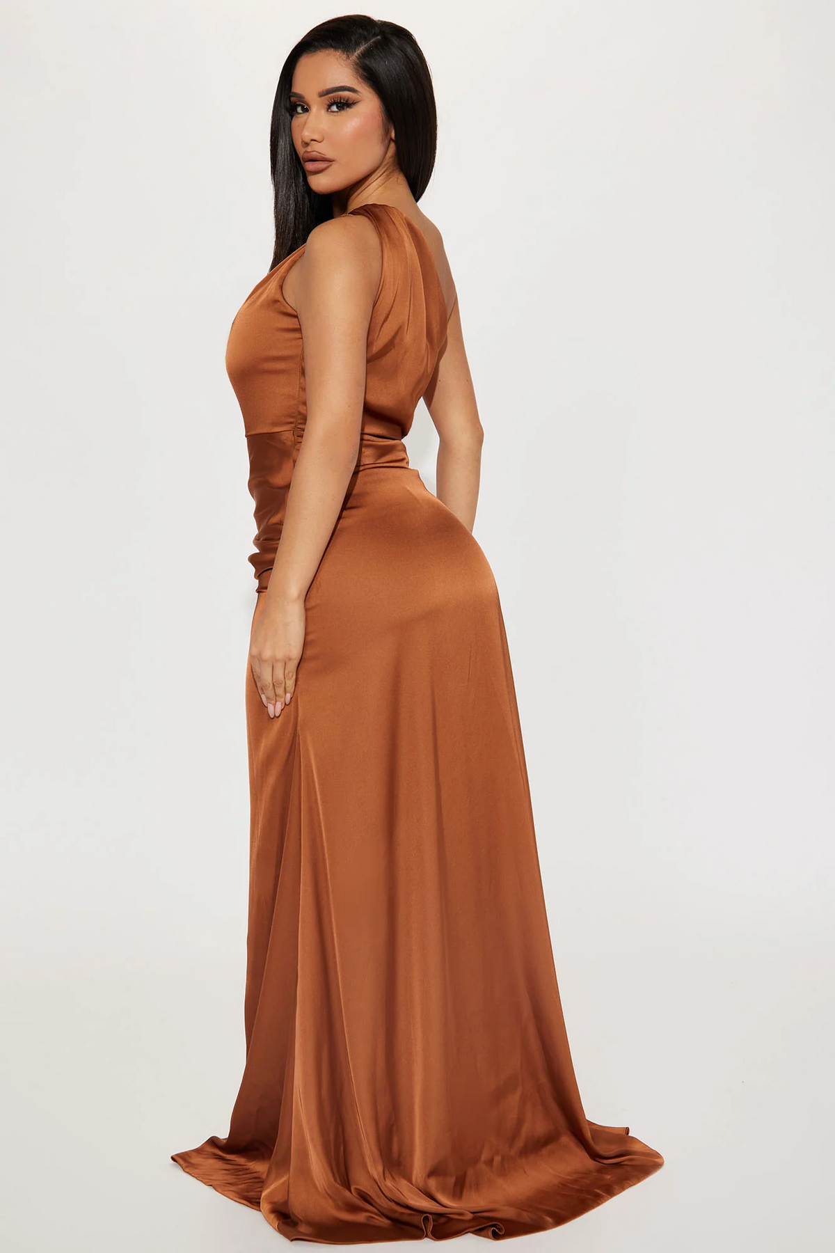 Chocolate One Shoulder Ruched Satin Slit Maxi Evening Dress