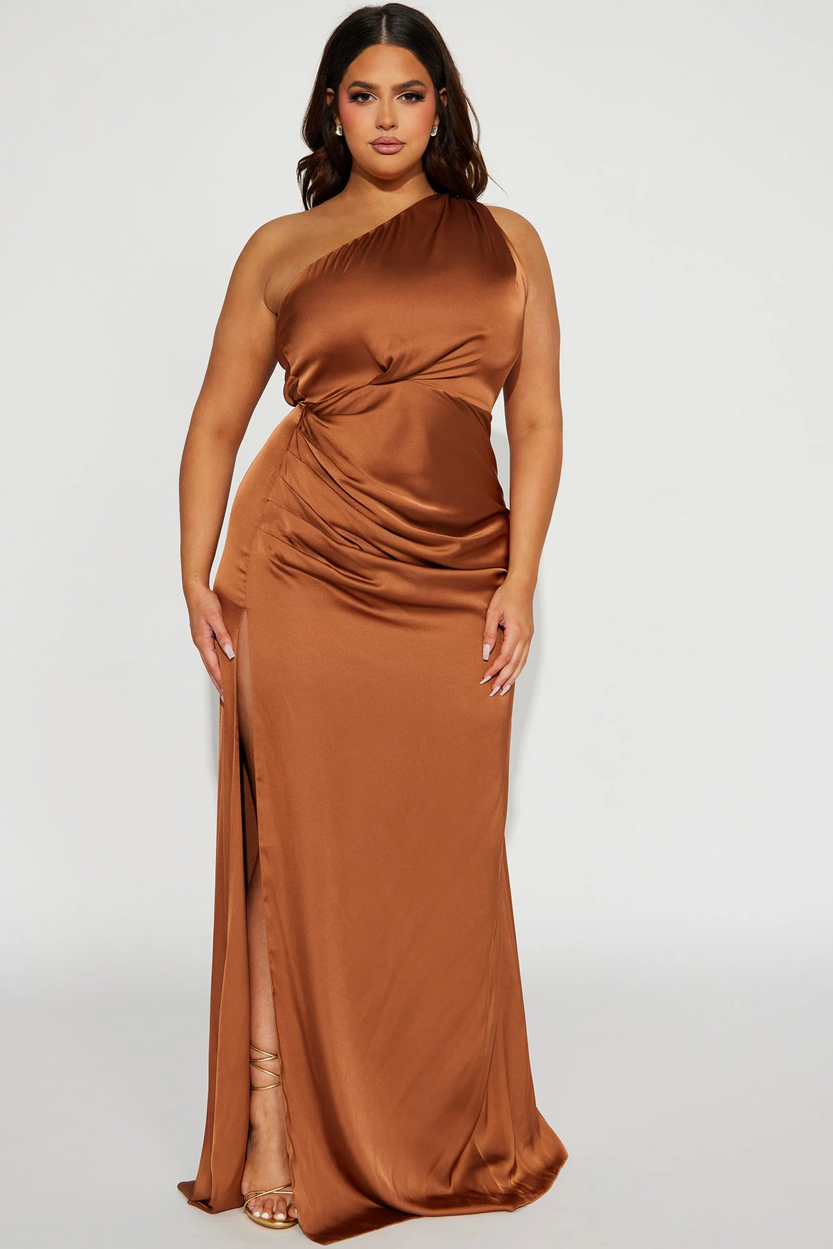Chocolate One Shoulder Ruched Satin Slit Maxi Evening Dress
