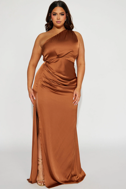 Chocolate One Shoulder Ruched Satin Slit Maxi Evening Dress