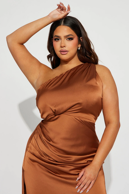 Chocolate One Shoulder Ruched Satin Slit Maxi Evening Dress