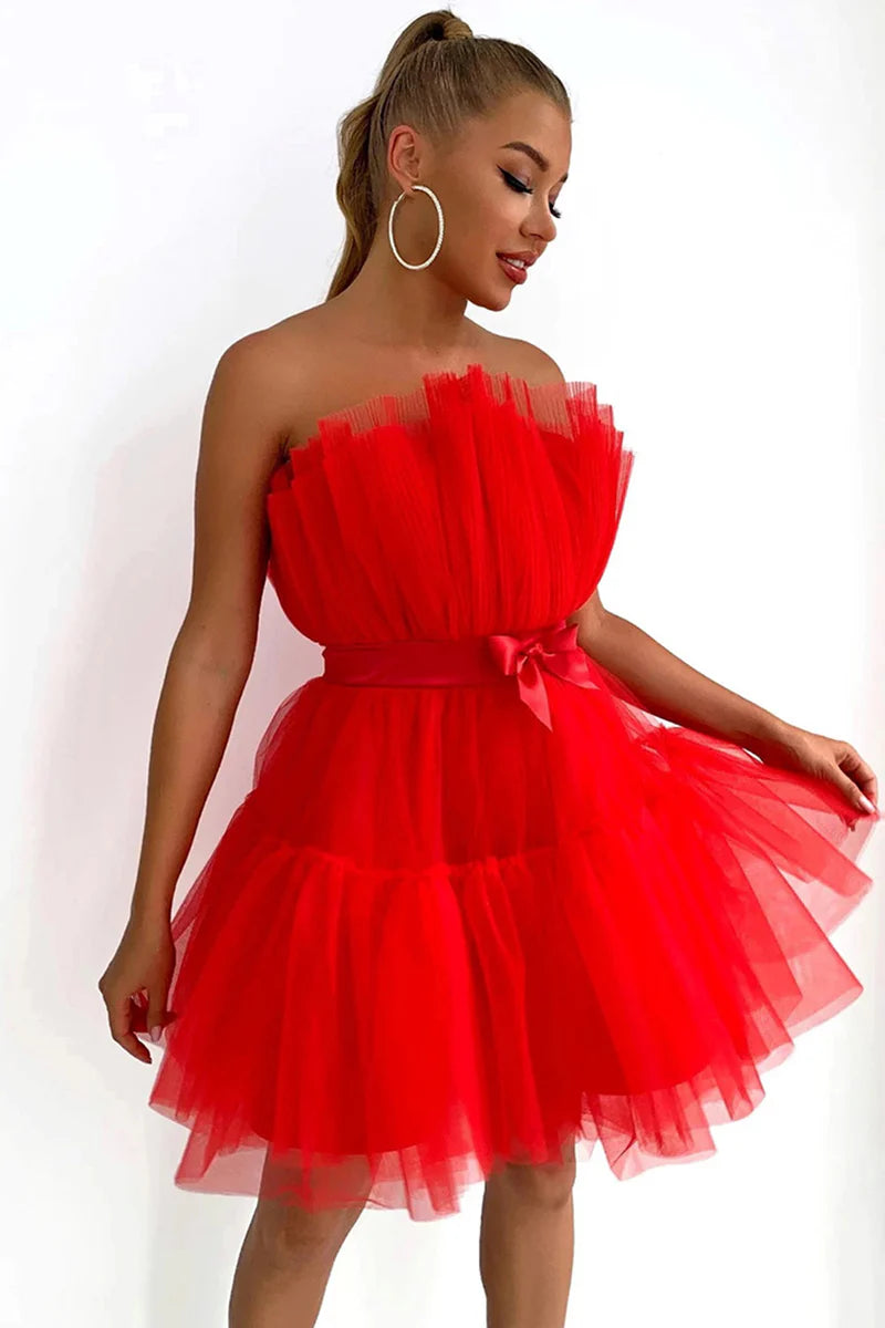 Full view of the Koutun A-Line black strapless dress.