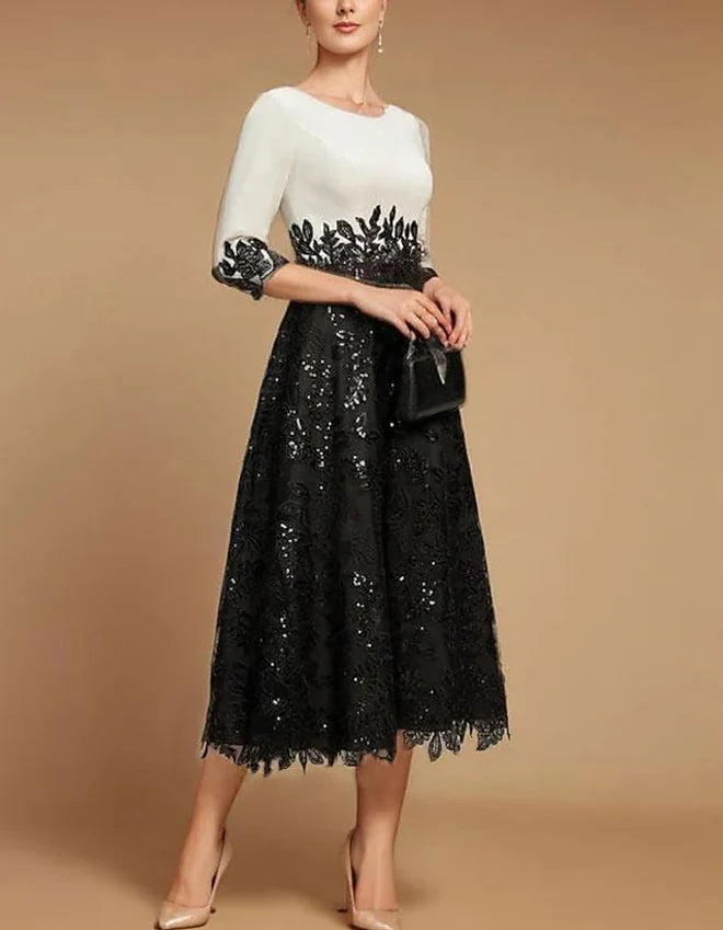 Classic A-Line Boat-Neck 3/4-Sleeve Sequin-Lace Midi Mother of the Bride Dress