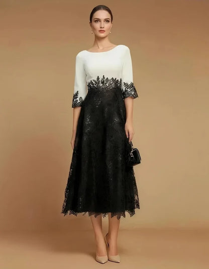 Classic A-Line Boat-Neck 3/4-Sleeve Sequin-Lace Midi Mother of the Bride Dress