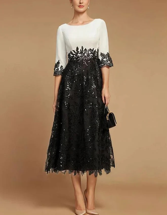 Classic A-Line Boat-Neck 3/4-Sleeve Sequin-Lace Midi Mother of the Bride Dress