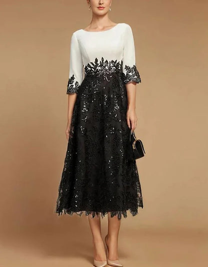 Classic A-Line Boat-Neck 3/4-Sleeve Sequin-Lace Midi Mother of the Bride Dress