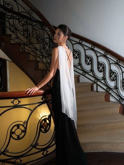 Classic Black Sleeveless Backless Mermaid Prom Dress With Scarf