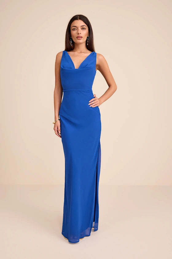 Cobalt Blue Sleeveless Prom Dress With Cowl Neck Crisscross Back And High Slit Chiffon Formal Prom Dress