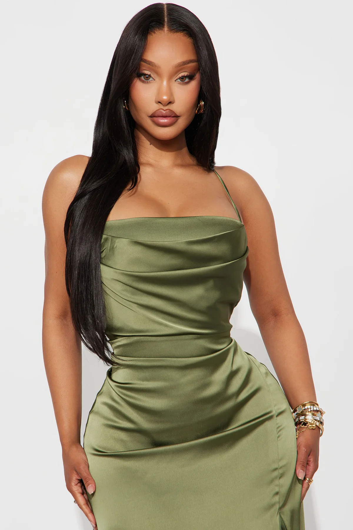 Cowl Neck Lace Up Back High Slit Satin Evening Dress