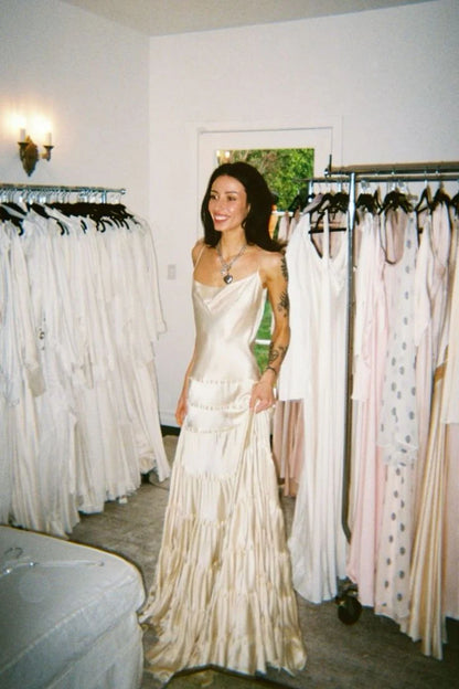 Cream Champagne Slip Prom Dress With Tiered Ruffled Chiffon Formal Prom Dress