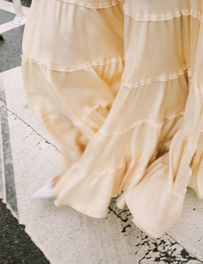 Cream Champagne Slip Prom Dress With Tiered Ruffled Chiffon Formal Prom Dress