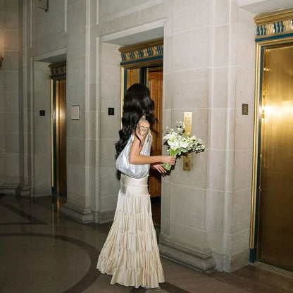 Cream Champagne Slip Prom Dress With Tiered Ruffled Chiffon Formal Prom Dress
