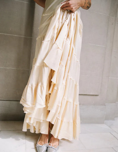 Cream Champagne Slip Prom Dress With Tiered Ruffled Chiffon Formal Prom Dress