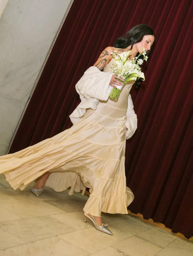Cream Champagne Slip Prom Dress With Tiered Ruffled Chiffon Formal Prom Dress