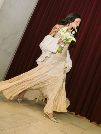 Cream Champagne Slip Prom Dress With Tiered Ruffled Chiffon Formal Prom Dress