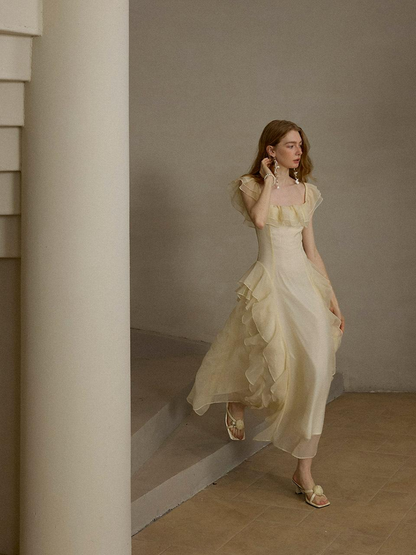 Cream Chiffon Dresses with Square Neck Ruffled Trim and Tiered Asymmetrical Skirt