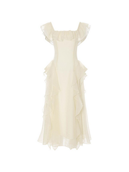 Cream Chiffon Dresses with Square Neck Ruffled Trim and Tiered Asymmetrical Skirt
