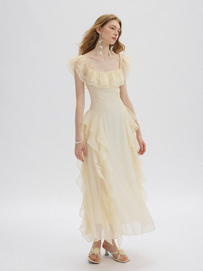 Cream Chiffon Dresses with Square Neck Ruffled Trim and Tiered Asymmetrical Skirt