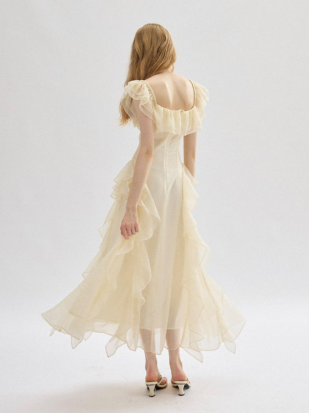 Cream Chiffon Dresses with Square Neck Ruffled Trim and Tiered Asymmetrical Skirt
