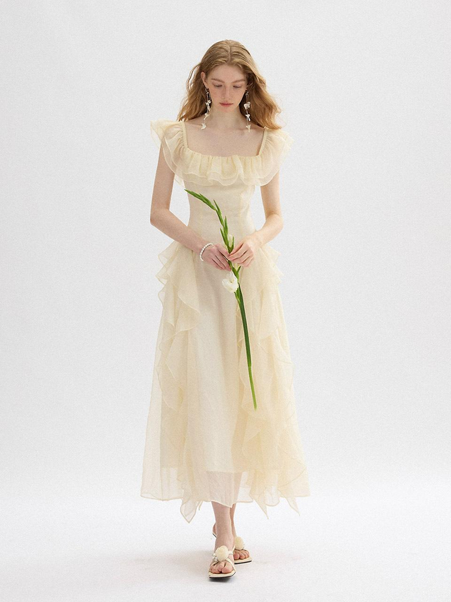 Cream Chiffon Dresses with Square Neck Ruffled Trim and Tiered Asymmetrical Skirt