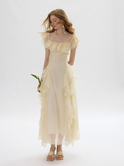 Cream Chiffon Dresses with Square Neck Ruffled Trim and Tiered Asymmetrical Skirt