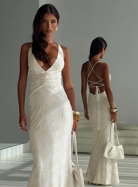 Cream Floral Lace-Up Back Prom Dress with V Neck and Floor Length Silhouette for Formal Events and Prom Nights