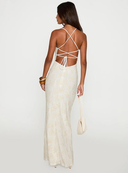 Cream Floral Lace-Up Back Prom Dress with V Neck and Floor Length Silhouette for Formal Events and Prom Nights