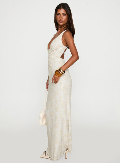 Cream Floral Lace-Up Back Prom Dress with V Neck and Floor Length Silhouette for Formal Events and Prom Nights