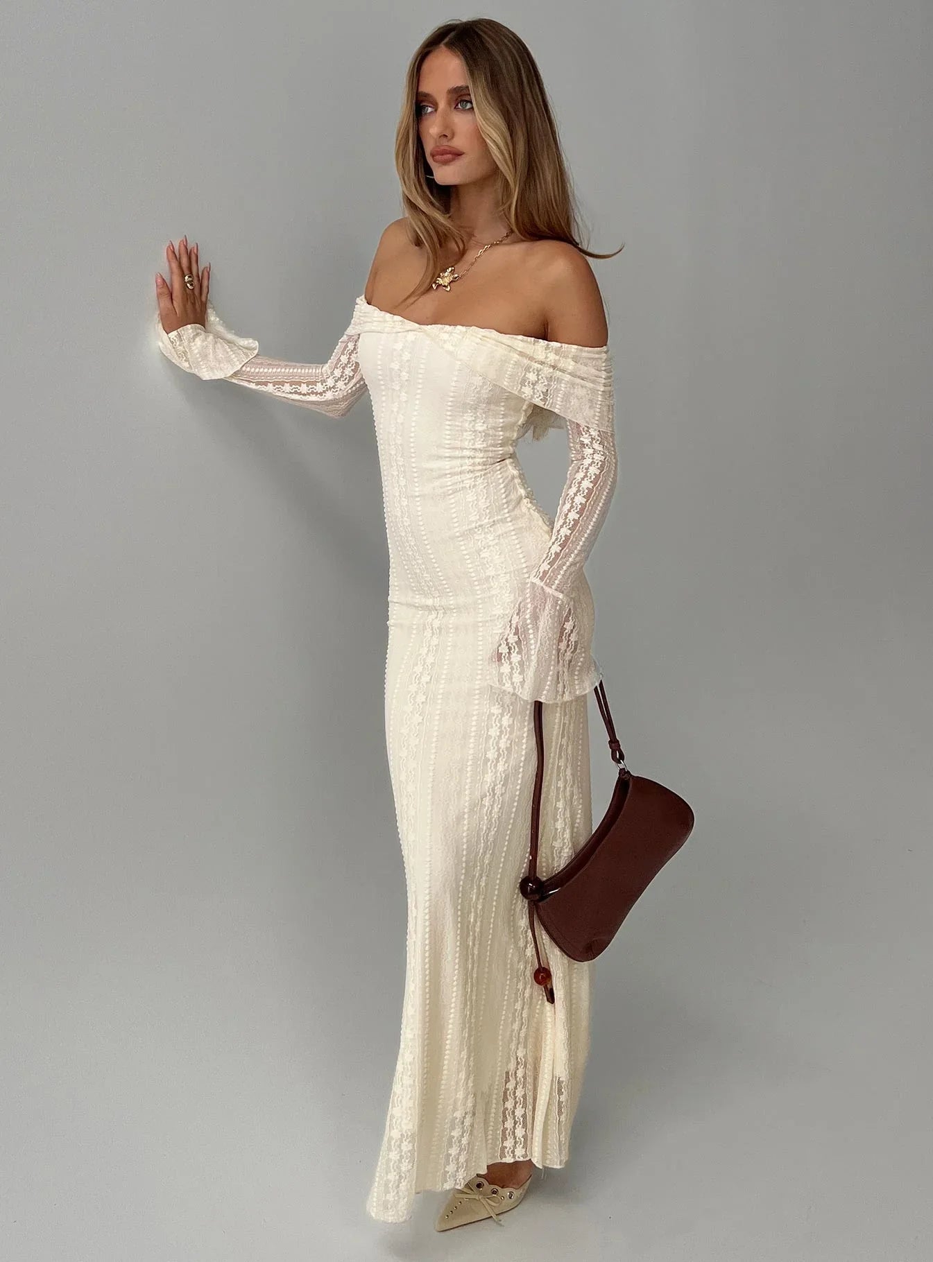Cream Off Shoulder Prom Dress with Lace Bell Sleeves and Mermaid Silhouette for Formal Events and Prom Nights