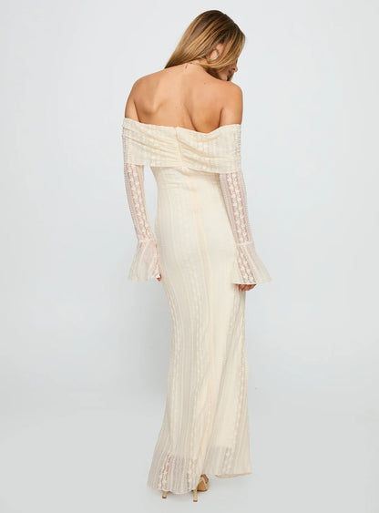 Cream Off Shoulder Prom Dress with Lace Bell Sleeves and Mermaid Silhouette for Formal Events and Prom Nights
