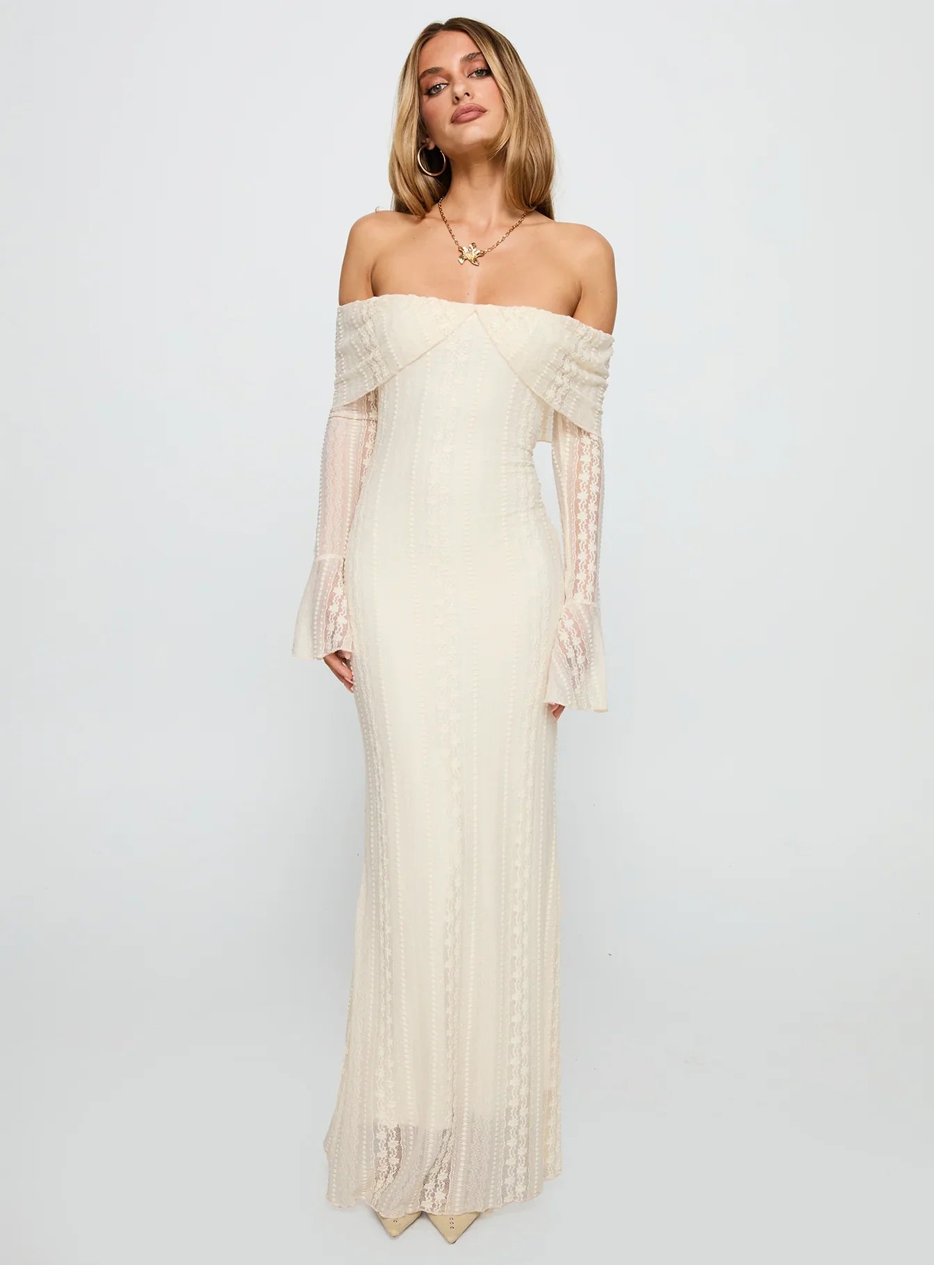 Cream Off Shoulder Prom Dress with Lace Bell Sleeves and Mermaid Silhouette for Formal Events and Prom Nights