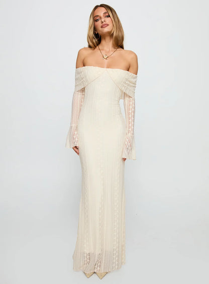 Cream Off Shoulder Prom Dress with Lace Bell Sleeves and Mermaid Silhouette for Formal Events and Prom Nights