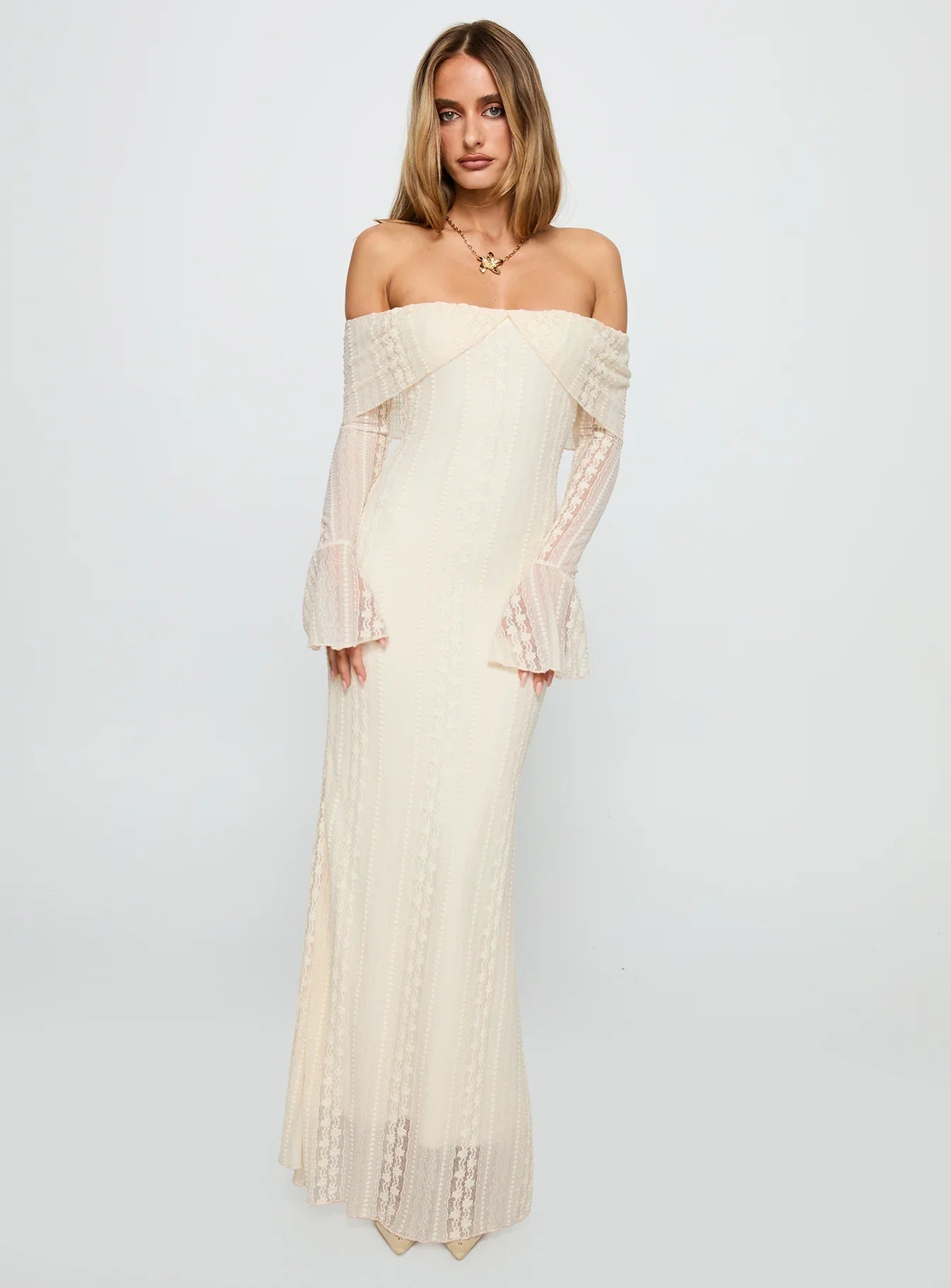 Cream Off Shoulder Prom Dress with Lace Bell Sleeves and Mermaid Silhouette for Formal Events and Prom Nights