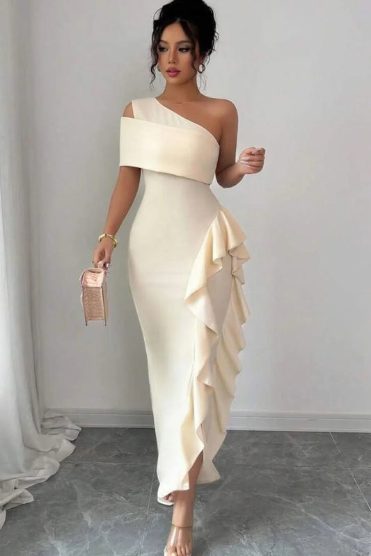 Cream One Shoulder Prom Dress with Ruffle Detail and Floor Length Silhouette for Formal Events and Prom Nights
