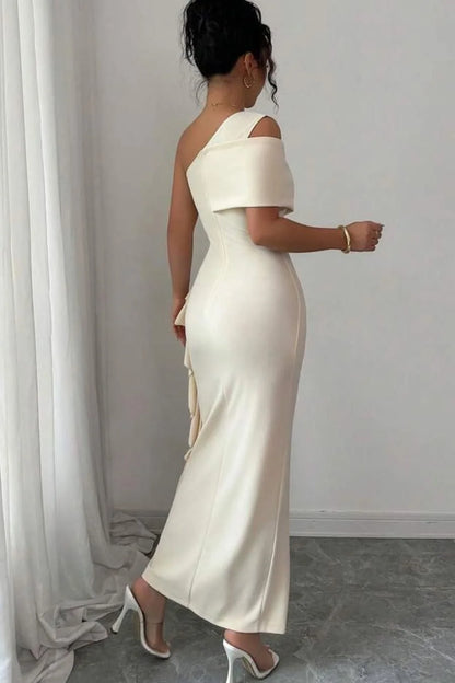 Cream One Shoulder Prom Dress with Ruffle Detail and Floor Length Silhouette for Formal Events and Prom Nights