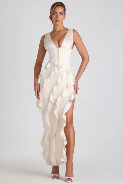Cream Satin Deep V-Neck Corset Ruffled High Slit Maxi Evening Dress
