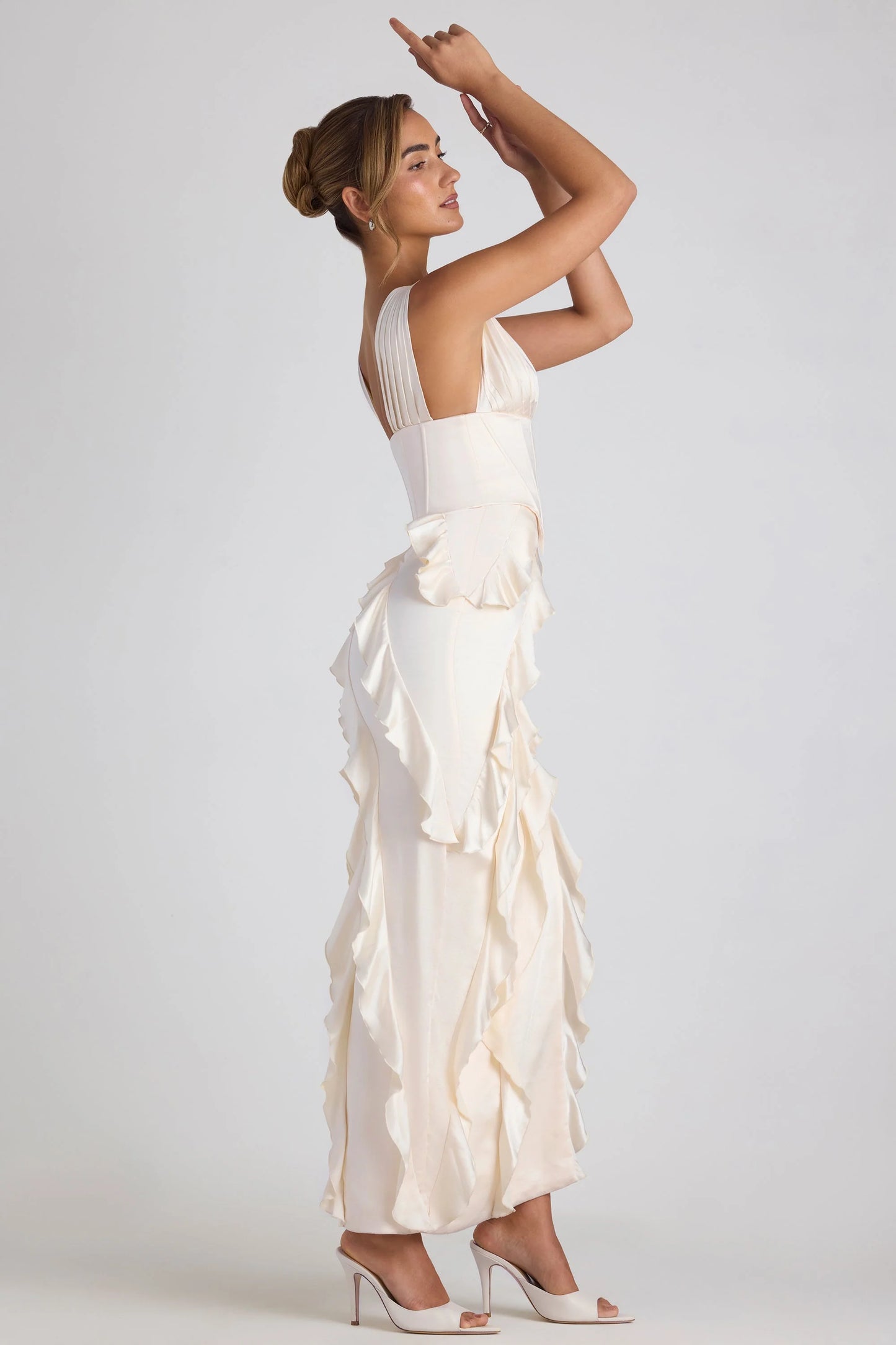 Cream Satin Deep V-Neck Corset Ruffled High Slit Maxi Evening Dress