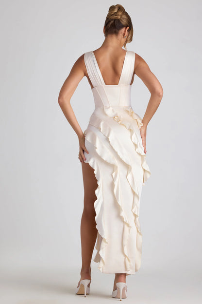 Cream Satin Deep V-Neck Corset Ruffled High Slit Maxi Evening Dress