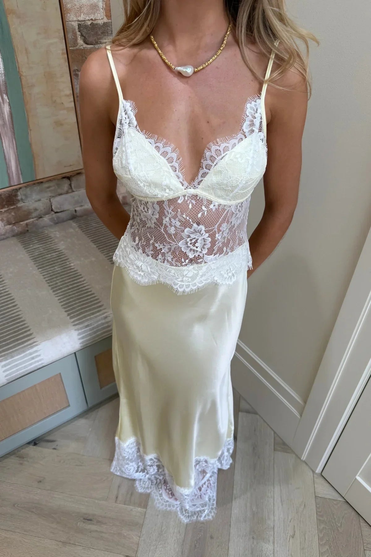 Cream Satin Lace Insert Open Back Spaghetti Strap Maxi Formal Prom Dress