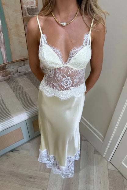 Cream Satin Lace Insert Open Back Spaghetti Strap Maxi Formal Prom Dress