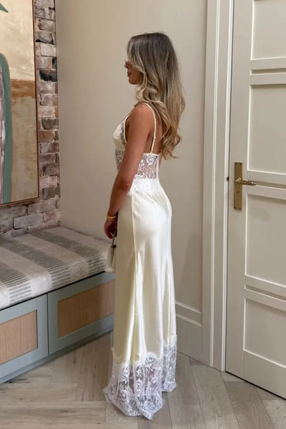 Cream Satin Lace Insert Open Back Spaghetti Strap Maxi Formal Prom Dress