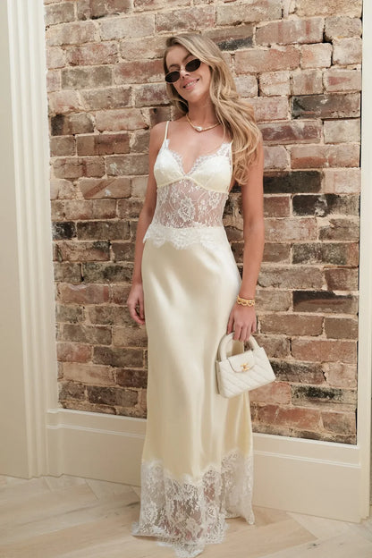Cream Satin Lace Insert Open Back Spaghetti Strap Maxi Formal Prom Dress