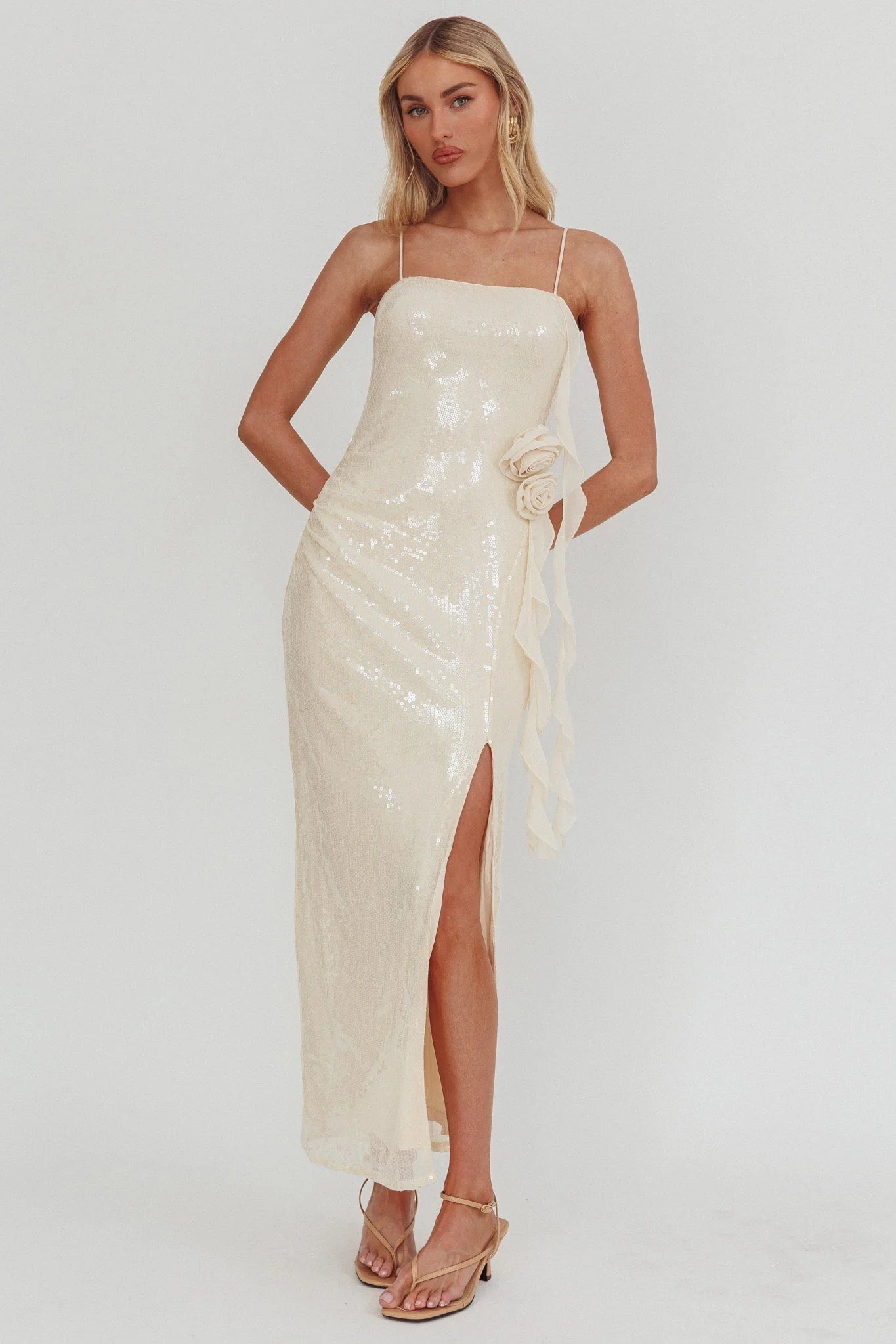 Cream Sequin 3D Flower Spaghetti Strap High Slit Maxi Prom Dress