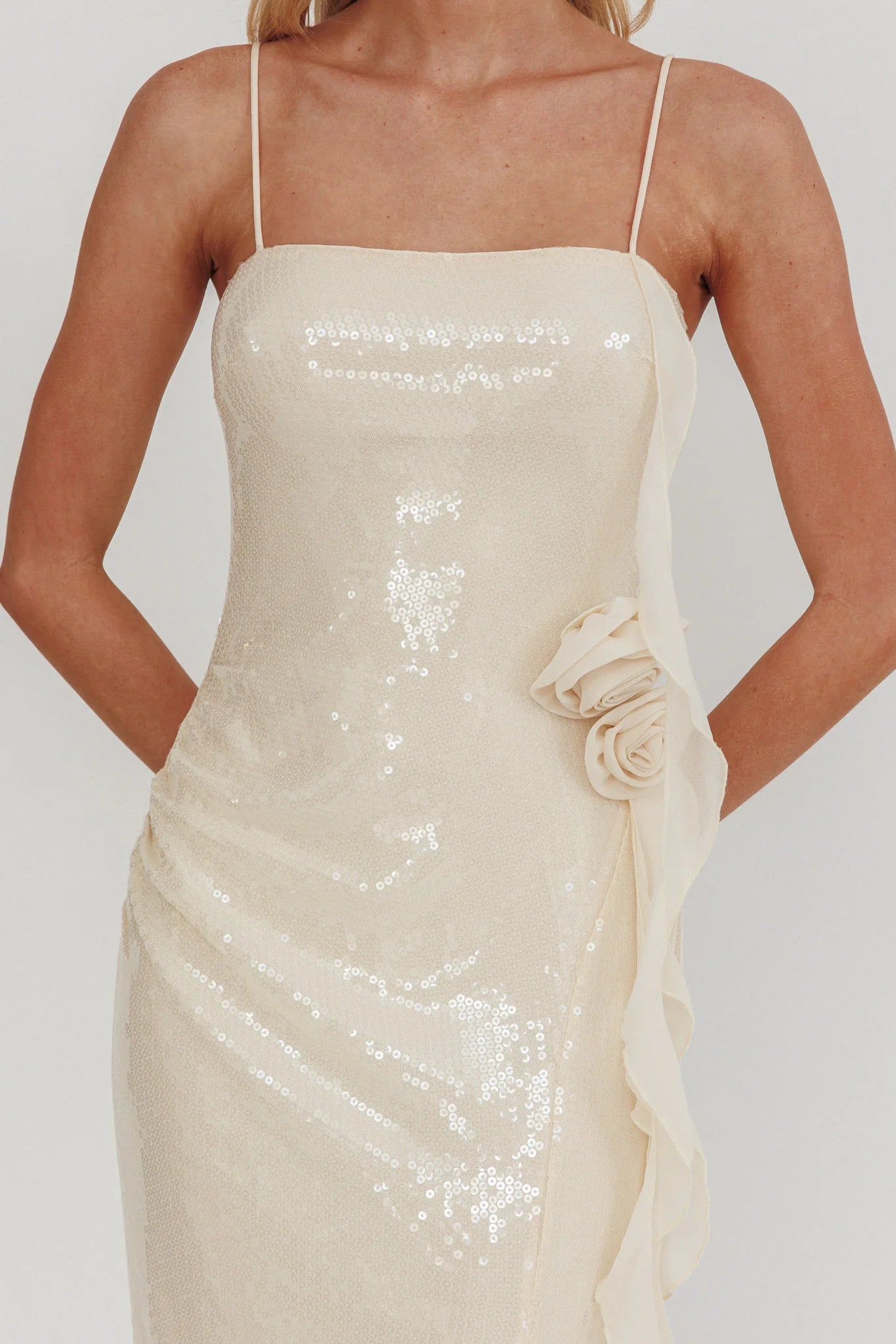 Cream Sequin 3D Flower Spaghetti Strap High Slit Maxi Prom Dress