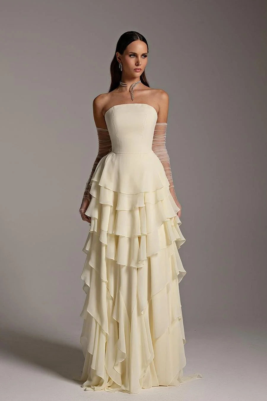 Cream Strapless Tiered Ruffle Prom Dress with Sheer Detachable Gloves for Formal Events and Prom Nights