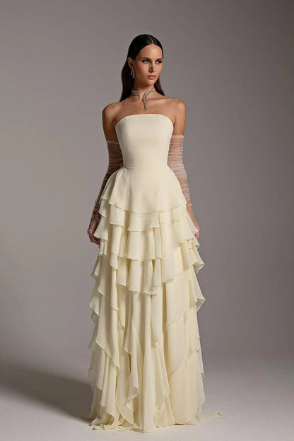 Cream Strapless Tiered Ruffle Prom Dress with Sheer Detachable Gloves for Formal Events and Prom Nights