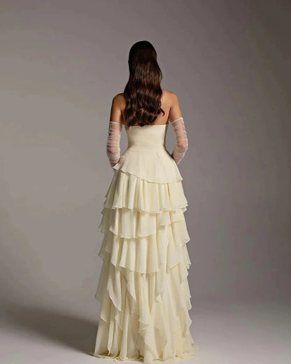 Cream Strapless Tiered Ruffle Prom Dress with Sheer Detachable Gloves for Formal Events and Prom Nights